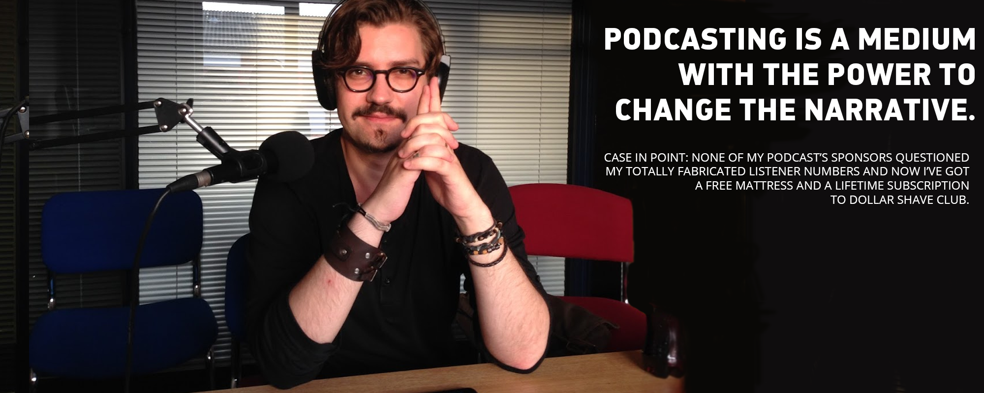 Zeke at a podcast mic, declaring podcasting a medium with the power to change the narrative.